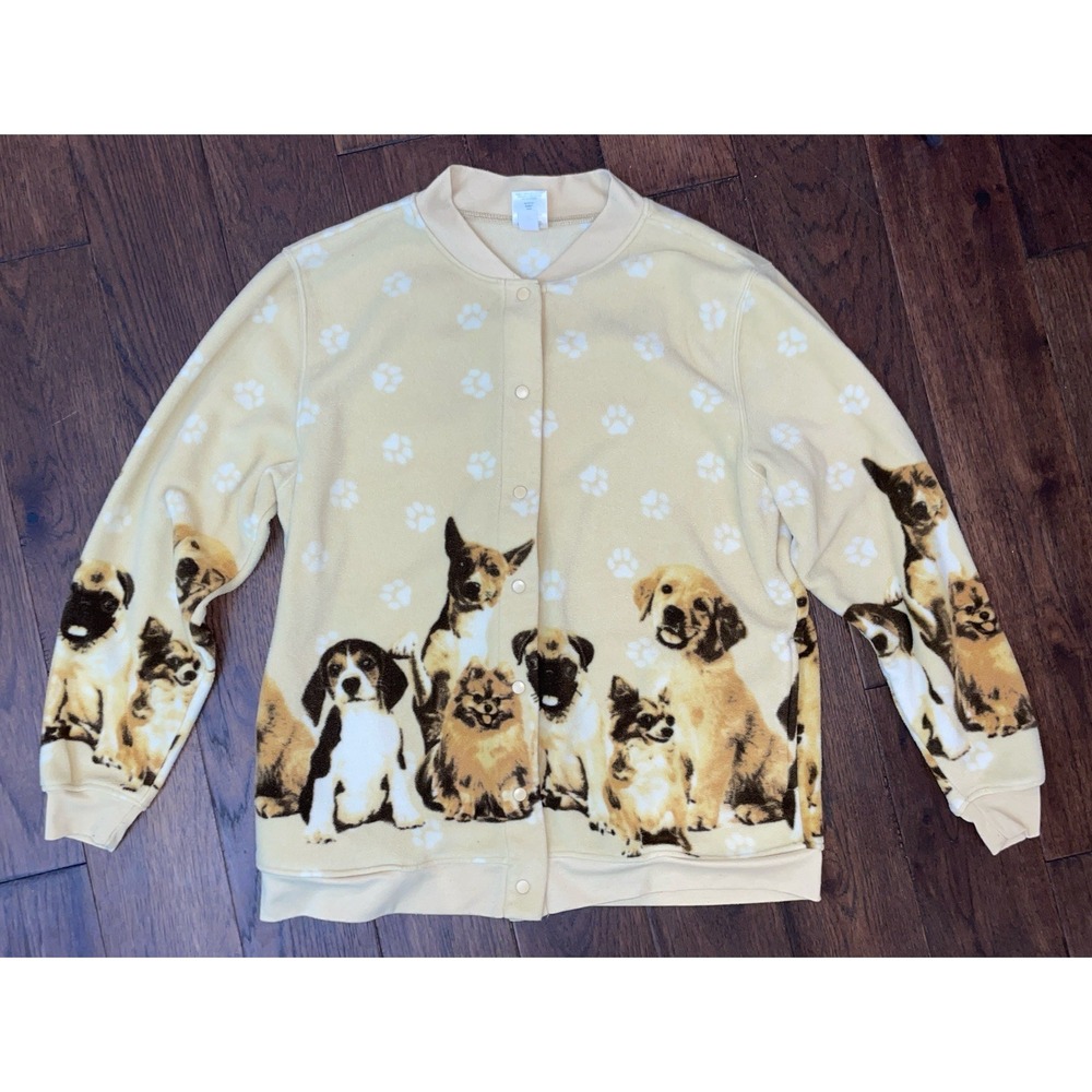 Vintage Blair Button Jacket Woman's Large‎ Fleece Dogs Puppies Full Zip Sweater